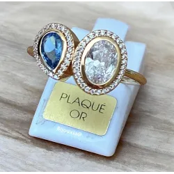 Bague Double Pierre de Cristal Blanc&Bleu En Plaqué or 18 Carats 750/000