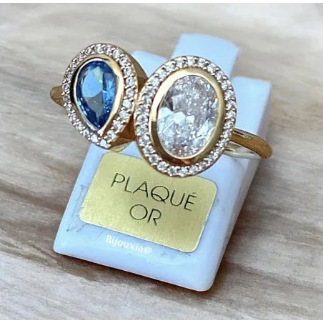 Bague Double Pierre de Cristal Blanc&Bleu En Plaqué or 18 Carats 750/000