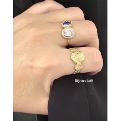 Bague Double Pierre de Cristal Blanc&Bleu En Plaqué or 18 Carats 750/000