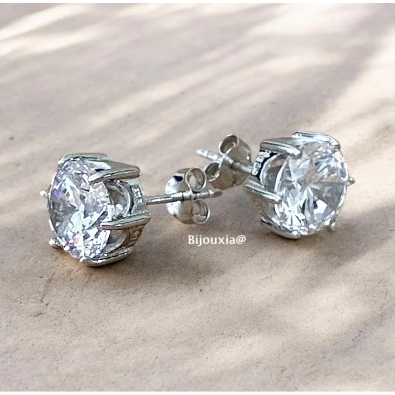 Boucle D'oreilles 9mm Cristal Zirconium Argent Massif Bijou Homme/Femme