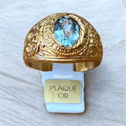 Chevalière US Américaine En Plaqué Or 18 Ct Pierre Bleu Topaze Tailles 52 à 72