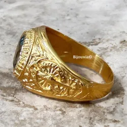 Chevalière US Américaine En Plaqué Or 18 Ct Pierre Bleu Topaze Tailles 52 à 72