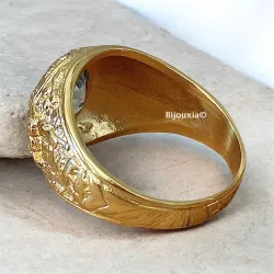 Chevalière US Américaine En Plaqué Or 18 Ct Pierre Bleu Topaze Tailles 52 à 72