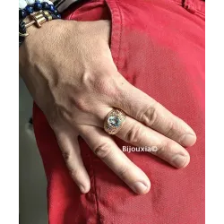 Chevalière US Américaine En Plaqué Or 18 Ct Pierre Bleu Topaze Tailles 52 à 72