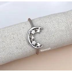 Bague Croissant de Lune Cristal de Zirconium et Étoiles En Argent 925/000 Rhodié