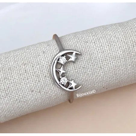 Bague Croissant de Lune Cristal de Zirconium et Étoiles En Argent 925/000 Rhodié