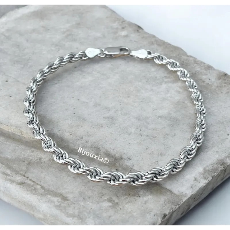 Bracelet Maille Corde Argent Massif 925/1000 Rhodié