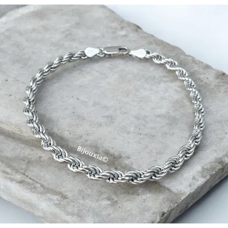 Bracelet Maille Corde Argent Massif 925/1000 Rhodié