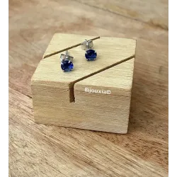 Boucles D'oreilles Puces Cristal Bleu Saphir Rond 5MM Argent Massif 925/1000
