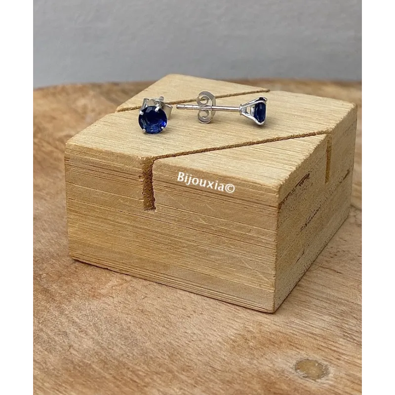 Boucles D'oreilles Puces Cristal Bleu Saphir Rond 5MM Argent Massif 925/1000