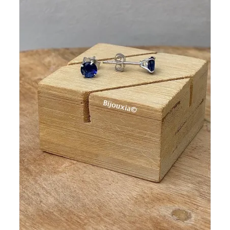 Boucles D'oreilles Puces Cristal Bleu Saphir Rond 5MM Argent Massif 925/1000