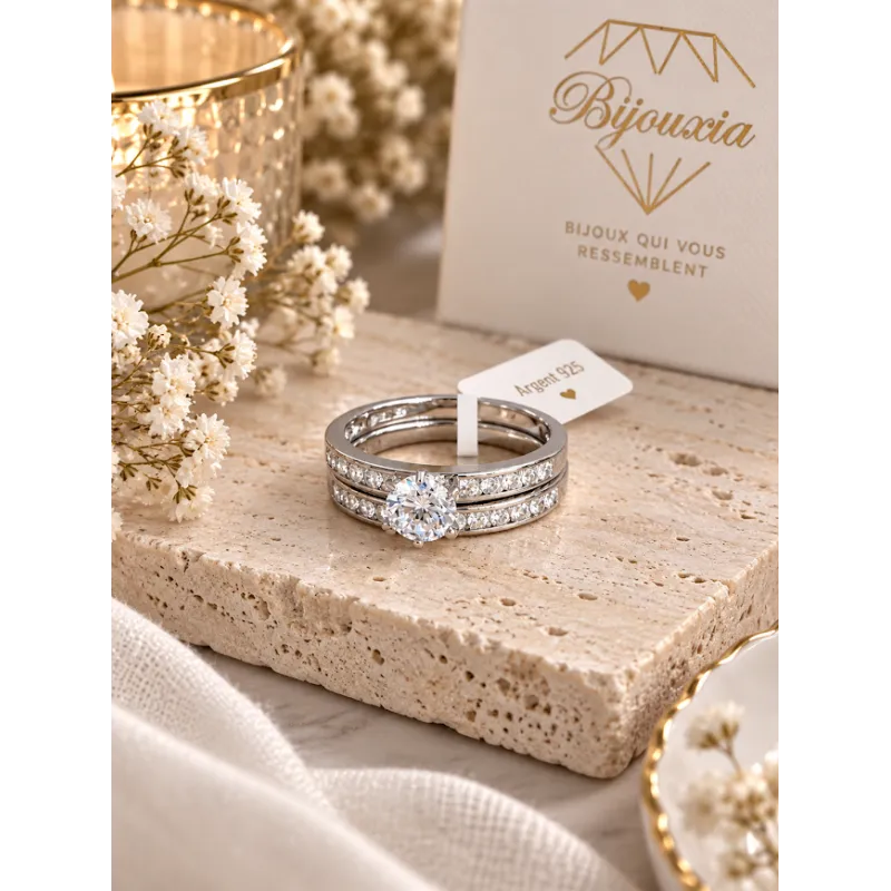 Bague Double Anneaux SOLITAIRE 2 en 1 Argent Massif 925/1000 Rhodié