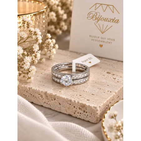 Bague Double Anneaux SOLITAIRE 2 en 1 Argent Massif 925/1000 Rhodié