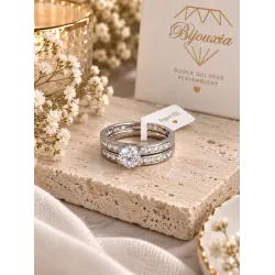 Bague TAILLE 62 Double Anneaux SOLITAIRE 2 en 1 Argent Massif 925/1000 Rhodié