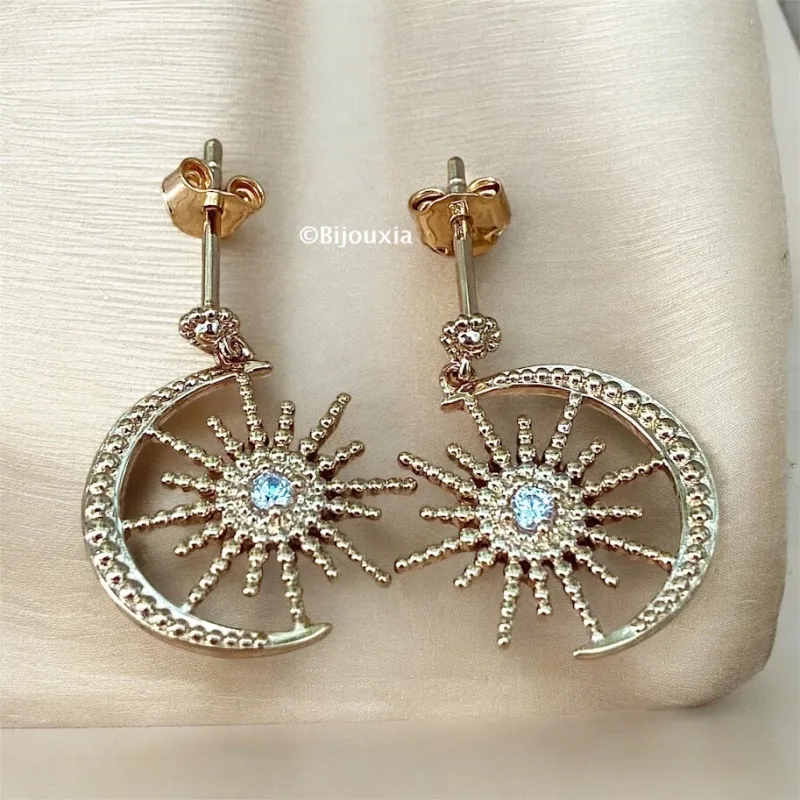 Boucles D'oreilles Croissant de Lune & Soleil Oz En Plaqué Or 18 Carats 750/000