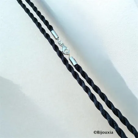Collier cordon tressé noir & Argent Massif 925/000 Longueurs CHOIX