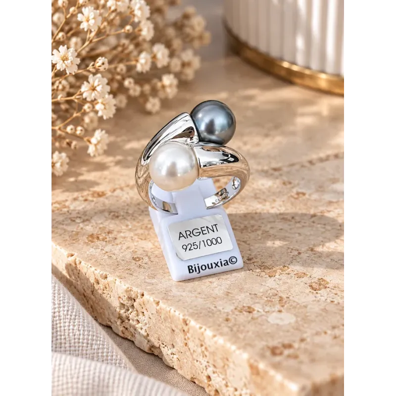 Bague Double Perles & Argent Massif 925/000 Rhodié Bijou T50 à 62