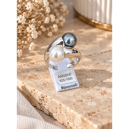 Bague Double Perles & Argent Massif 925/000 Rhodié Bijou T50 à 62