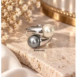 Bague Double Perles & Argent Massif 925/000 Rhodié Bijou T50 à 62