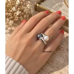 Bague Double Perles & Argent Massif 925/000 Rhodié Bijou T50 à 62