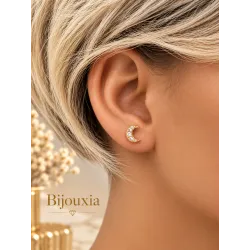 Boucles D'oreilles Puces Croissants de Lune Empierrés Plaqué Or 18K 750/000
