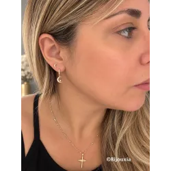 Boucles D'oreilles Puces Croissants de Lune Empierrés Plaqué Or 18K 750/000
