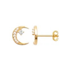 Boucles D'oreilles Puces Croissants de Lune Empierrés Cz Plaqué Or 18K 750/000