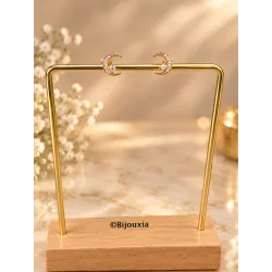 Boucles D'oreilles Puces Croissants de Lune Empierrés Cz Plaqué Or 18K 750/000