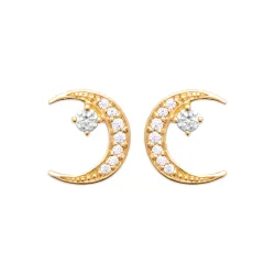 Boucles D'oreilles Puces Croissants de Lune Empierrés Cz Plaqué Or 18K 750/000