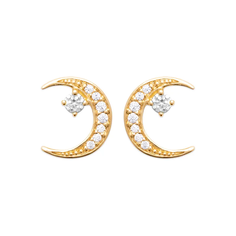 Boucles D'oreilles Puces Croissants de Lune Empierrés Cz Plaqué Or 18K 750/000