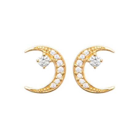 Boucles D'oreilles Puces Croissants de Lune Empierrés Cz Plaqué Or 18K 750/000