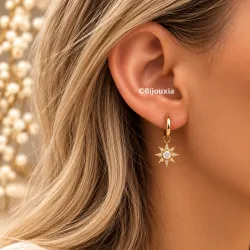 Boucles D'oreilles Anneaux + étoiles pendantes Cristal En Plaqué Or 18K 750/000