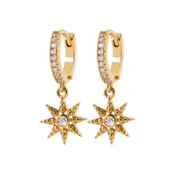 Boucles D'oreilles Anneaux + étoiles pendantes Zirconiums Plaqué Or 18K 750/000