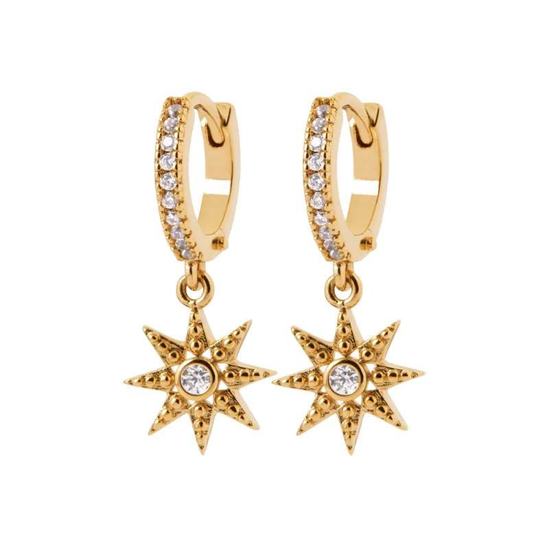 Boucles D'oreilles Anneaux + étoiles pendantes Zirconiums Plaqué Or 18K 750/000