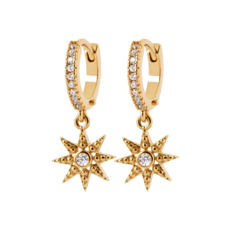 Boucles D'oreilles Anneaux + étoiles pendantes Zirconiums Plaqué Or 18K 750/000
