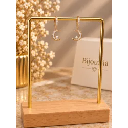 Boucles D'oreilles Anneaux + Lunes pendantes Zirconiums Plaqué Or 18K 750/000