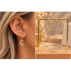 Boucles D'oreilles Anneaux + Lunes pendantes Zirconiums Plaqué Or 18K 750/000