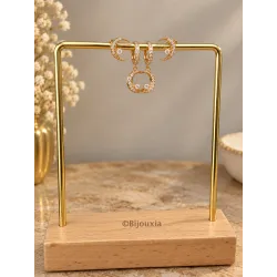 Boucles D'oreilles Anneaux + Lunes pendantes Zirconiums Plaqué Or 18K 750/000