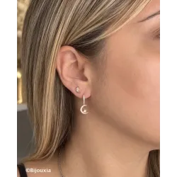 Boucles D'oreilles Anneaux + Lunes pendantes Zirconiums Plaqué Or 18K 750/000