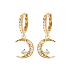 Boucles D'oreilles Anneaux + Lunes pendantes Zirconiums Plaqué Or 18K 750/000