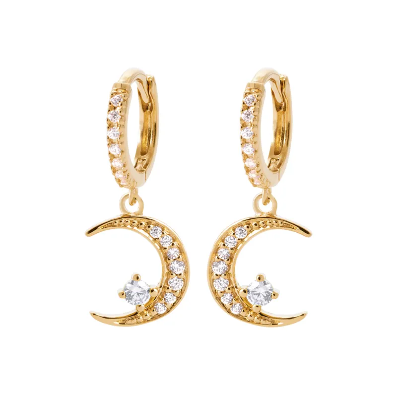 Boucles D'oreilles Anneaux + Lunes pendantes Zirconiums Plaqué Or 18K 750/000