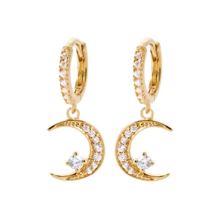 Boucles D'oreilles Anneaux + Lunes pendantes Zirconiums Plaqué Or 18K 750/000
