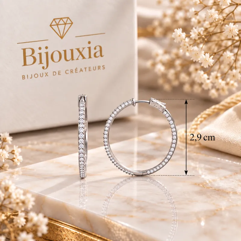Créoles Empierrées Zirconium Microserti Diamètre 2.9CM Argent 925/000 Rhodié