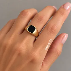 Bague Chevalière Onyx Plaqué Or 18 CARATS T50 à T68