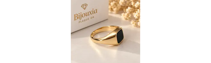 Bague Chevalière Onyx Plaqué Or 18 CARATS T50 à T68