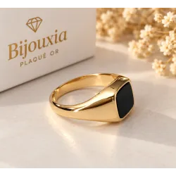 Bague Chevalière Onyx Plaqué Or 18 CARATS T50 à T68
