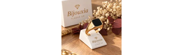 Bague Chevalière Onyx Plaqué Or 18 CARATS T50 à T68