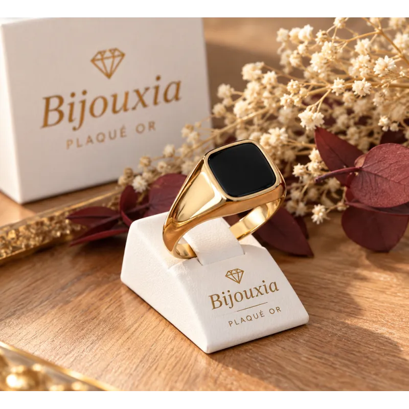 Bague Chevalière Onyx Plaqué Or 18 CARATS T50 à T68