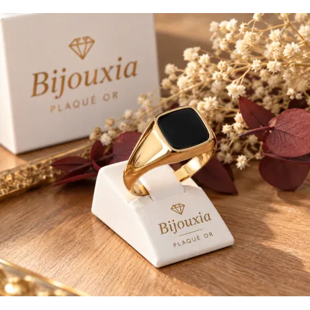 Bague Chevalière Onyx Plaqué Or 18 CARATS T50 à T68
