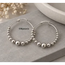 Boucles D'oreilles Créoles Contour Boules Diamètre 3CM Argent Massif 925/1000
